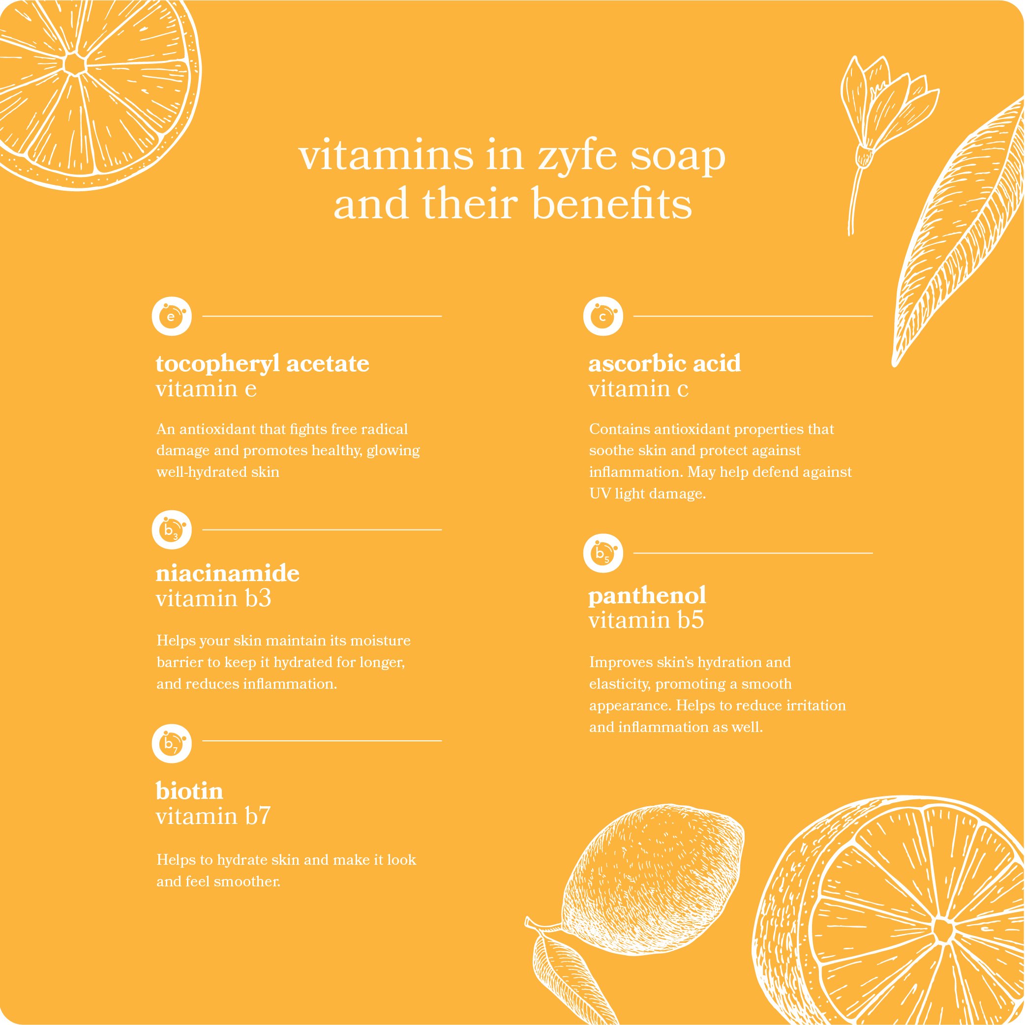 infographic describing the benefits of the vitamins in zyfe soap